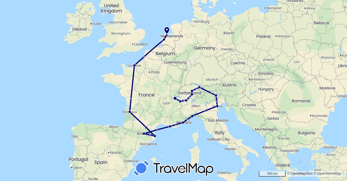 TravelMap itinerary: driving in Andorra, Austria, Switzerland, Spain, France, Italy, Netherlands (Europe)